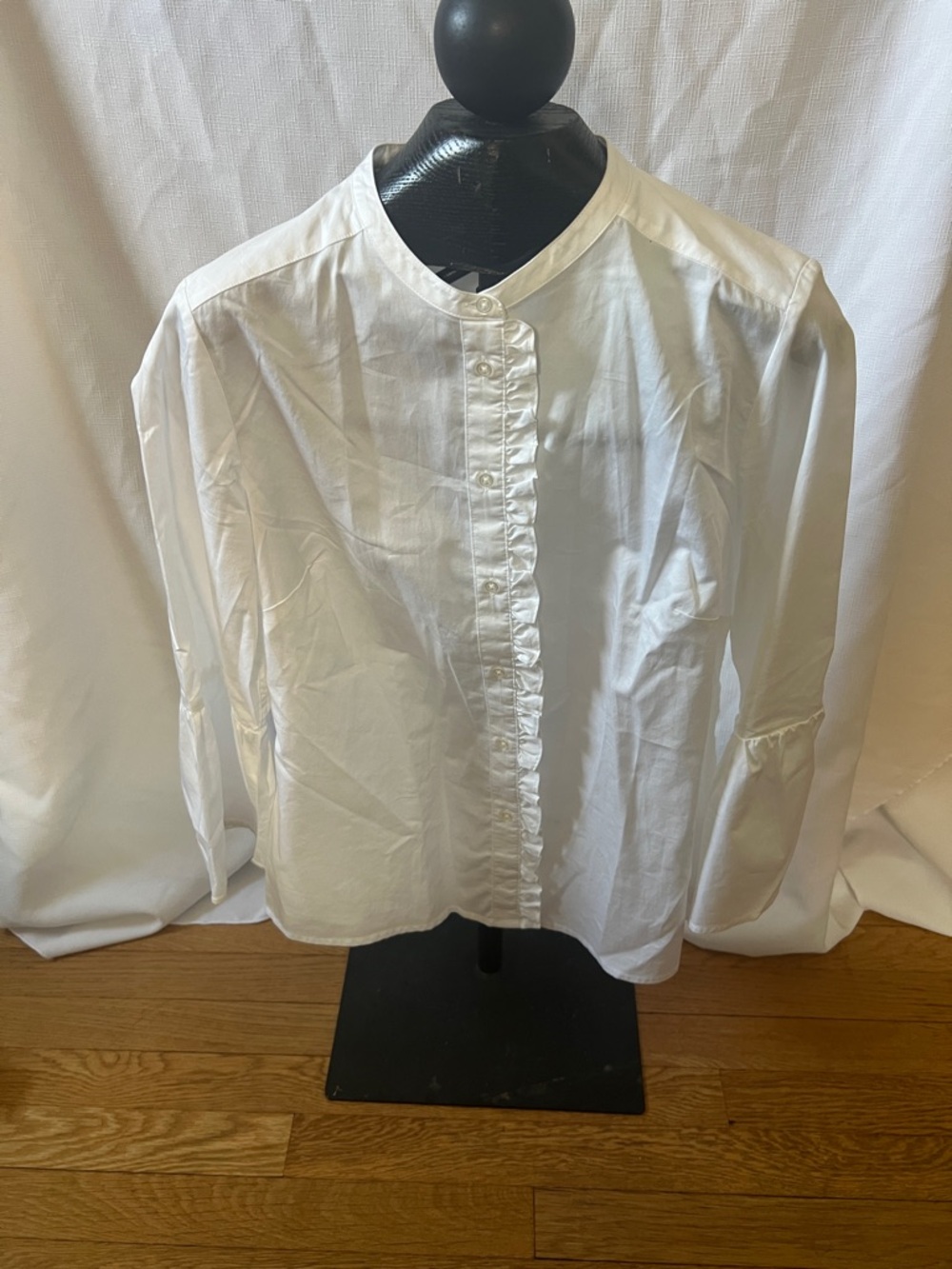Boden White Ruffle-Front Mandarin Collar Blouse